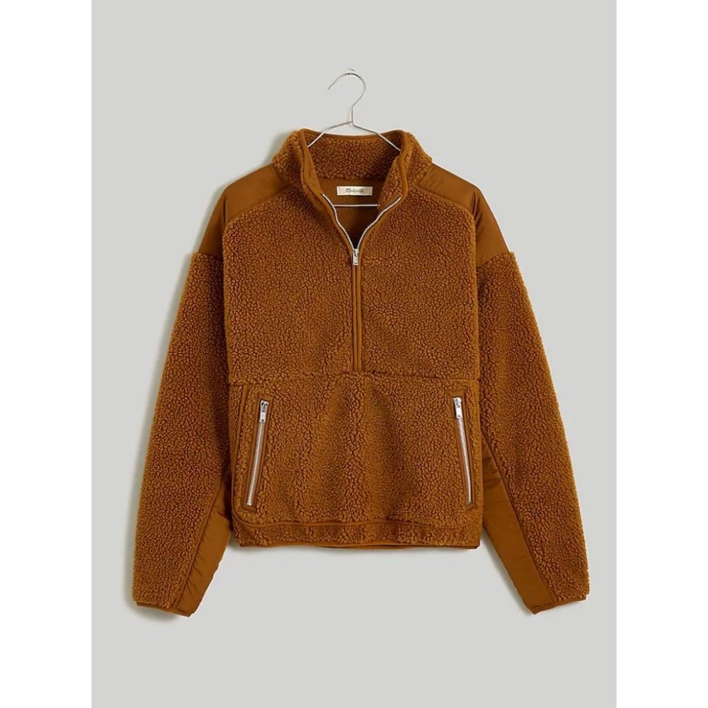 Madewell Brown Sherpa Quarter-Zip Pullover